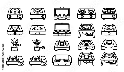 Fotografie Portable Gas Cooker and Burner Linear Icons Vector Collection