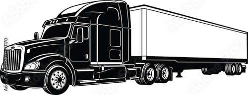 Detailed black-and-white semi-truck illustration with large trailer for logistics, freight, and transportation design