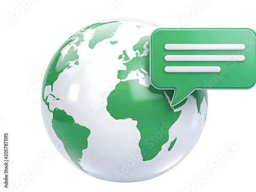 3D Illustration of a Globally Recognizable Earth Globe with Green and White Landmass Design and a Green Chat Bubble Overlay, Symbolizing International Communication and Global Connectivity