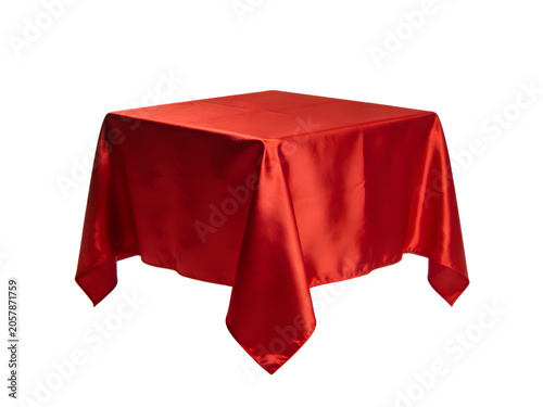 Elegant red satin tablecloth draped over a square dining table with gentle folds and a luxurious sheen, suitable for special events, celebration dining, or formal gatherings