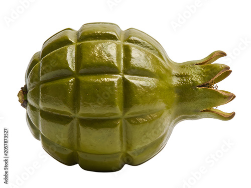 Close-up of a green cherimoya fruit with textured scaly surface and small protruding stem, isolated on black background, showing detailed skin and shape