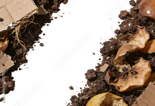Close-up of garden soil with organic debris including fallen leaves, small rocks, pieces of bark, and soil particles, with a black empty space in the center