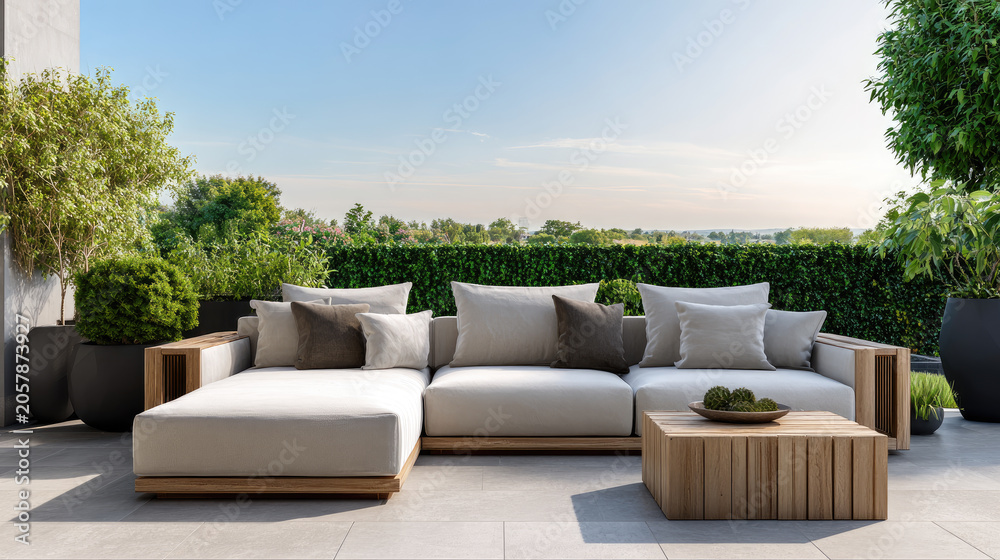 Obraz premium Modern outdoor living area providing a tranquil escape with contemporary wooden sofa and armchair, a stylish table, lush green plants, and an expansive horizon view