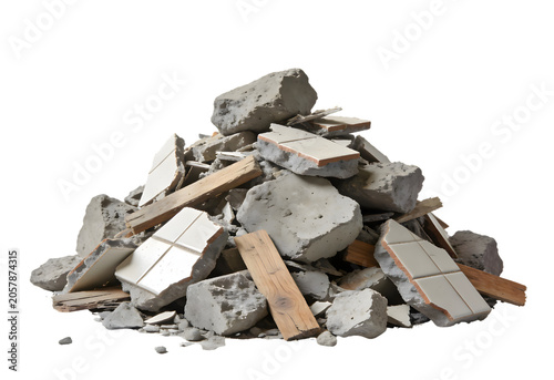 Disassembly of a wall with broken plaster tiles and wooden supports creating a pile of debris for renovation or demolition work on construction site