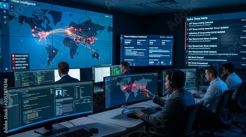 Cybersecurity experts monitoring global network in a high tech control room.