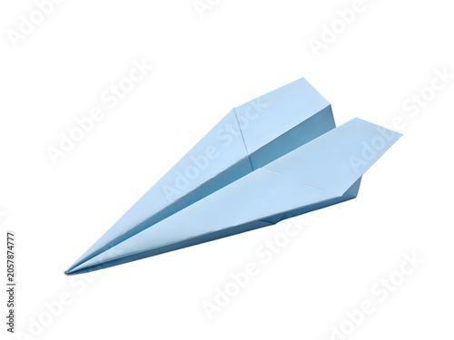 Close-up view of a white paper airplane folded from a sheet of paper, symbolizing creativity, innovation, travel, or communication, isolated on a plain background