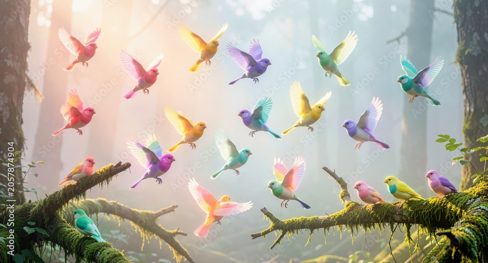 Fototapeta premium Dreamy hummingbirds flying through a luminous forest for serene decorative design. 