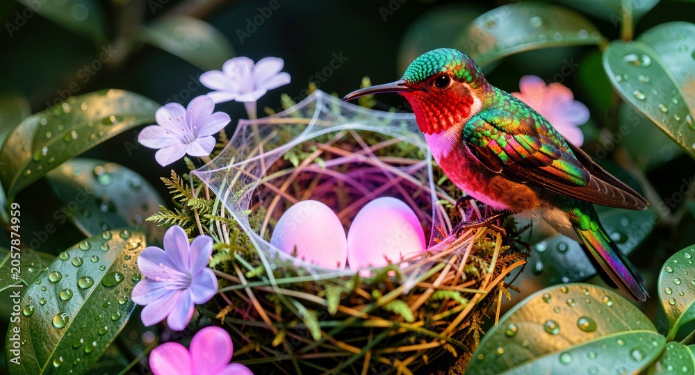 Fototapeta premium Colorful hummingbird beside a nest with eggs for delicate spring decor. 