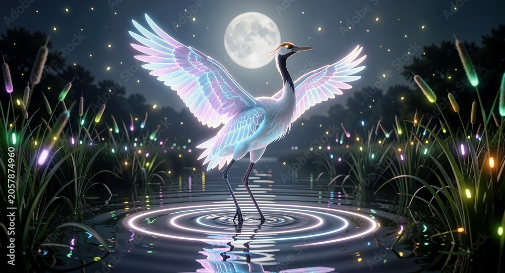 Fototapeta premium Ethereal crane dancing in moonlit water with luminous wings for serene decor. 