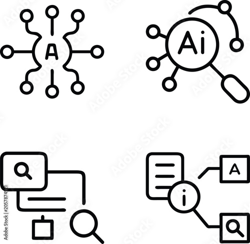 Obraz na plátne Information retrieval line icons including smart document scanning and query processing symbols for artificial intelligence applications and databases