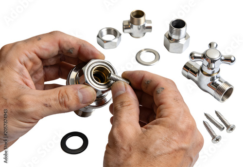 Skilled Hands Assembling and Installing Plumbing Fittings Including Valves, Washers, Screws, and Connectors for Bathroom or Kitchen Plumbing System Repair