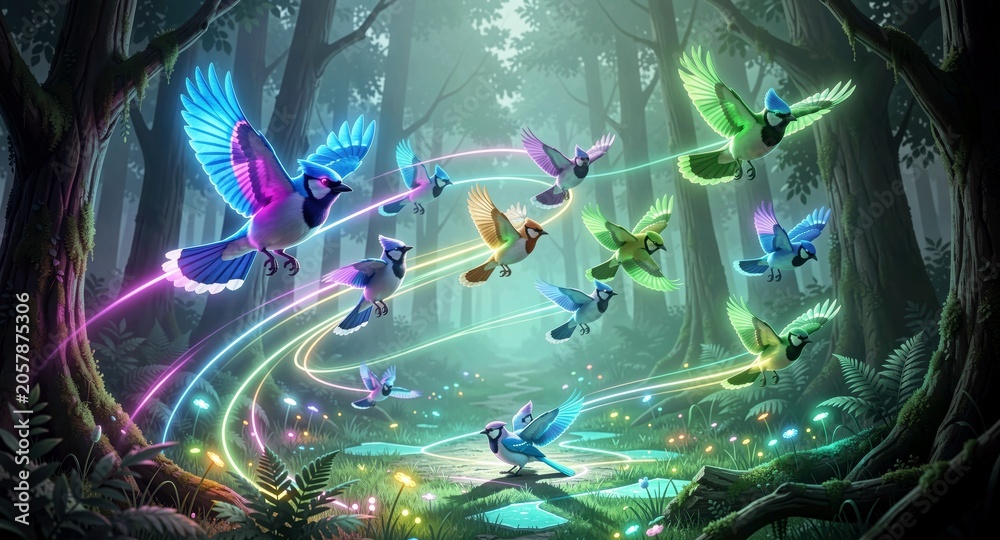 Fototapeta premium Colorful hummingbirds flying through glowing forest lights for magical nature decor. 