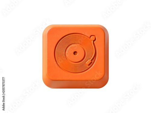 Bright orange retro-style square turntable record player with stylus arm and circular grooves for music playback on a vivid background