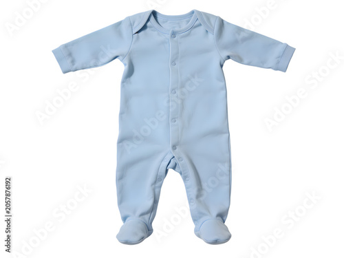 Soft pastel blue baby romper with long sleeves and covered feet, comfortable clothing for newborns, infantwear, and casual baby attire, isolated on white background