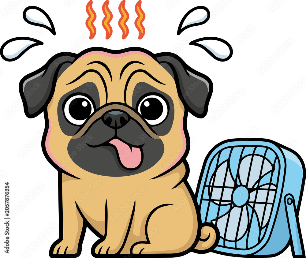 Obraz premium Cartoon pug dog cooling off with fan heatwave illustration