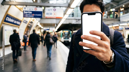 Hand holding mobile phone with blank white screen mockup in Paris Metro station at Chatelet Les Halles for transit app presentation, digital ticketing and urban travel tech display.
