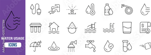 Water usage outline vector icons. water drop icon set, faucet icon set, water bottle icon set