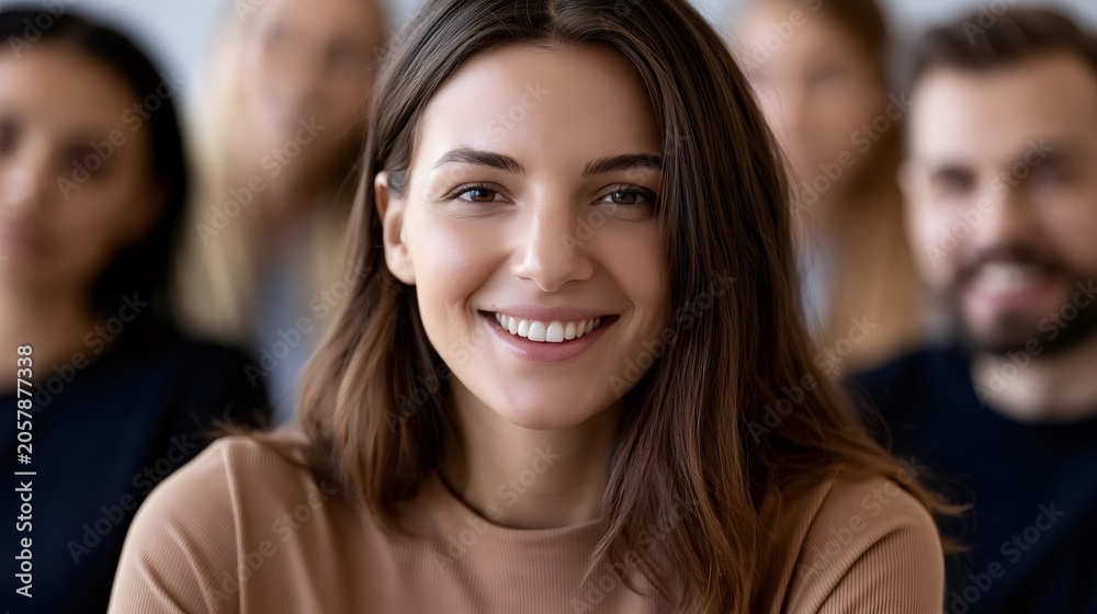 Obraz premium Young woman smiling in a close up headshot with a blurred diverse team in the background, conveying cheerful, confident teamwork, inclusion and professional collaboration in office