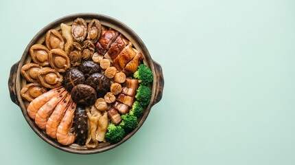 Traditional Chinese New Year Poon Choi Big Bowl Feast with Premium Abalone, Prawns and Meat in Clay Pot on Mint Green Background, Festive Luxury Asian Cuisine Flat Lay Photography