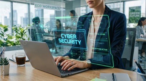 Professional Businesswoman Utilizing Advanced Holographic Interface for Cybersecurity Analysis and Digital Data Protection in Modern Corporate Workspace