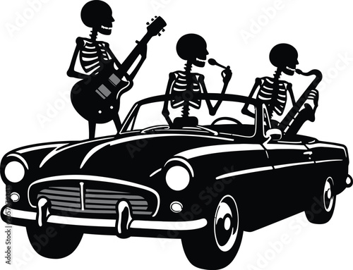 Three skeletons playing music in a vintage convertible car on a white background