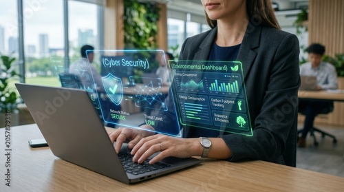 Business professional utilizing an advanced holographic interface on a laptop for comprehensive cybersecurity data analysis, ensuring robust digital protection and efficient operations