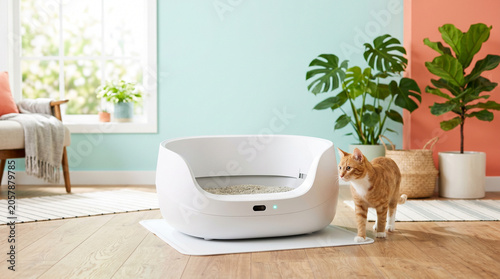 Cat exploring automatic self-cleaning litter box in modern home interior  