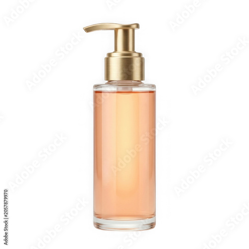 Clear glass bottle with gold pump filled with orange liquid soap