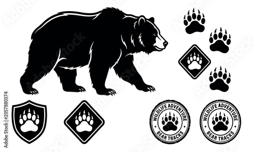 Foto Black silhouette of a grizzly bear with paw prints and wildlife adventure emblem