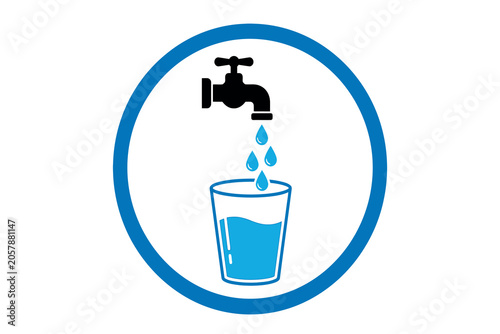 Water tap filling glass icon flat blue design on white background faucet drinking supply glassware