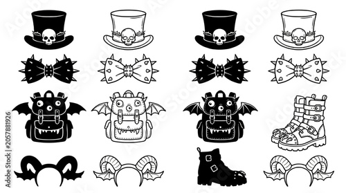 Fotografía Assorted Halloween costume elements black and white vector illustrations
