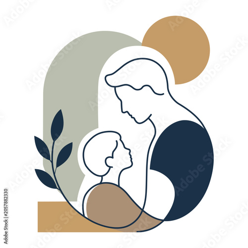 Foto Minimalist vector illustration of a father and son in a continuous line art style, surrounded by boho geometric shapes and leaves for Father's Day