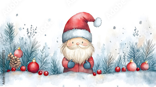 A cute watercolor Santa Claus character stands nestled in snowy pine branches, flanked by red ornaments and winter berries in a charming holiday postcard illustration