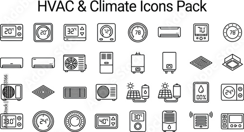 Professional hvac and climate control vector illustration featuring a comprehensive set of black line icons for modern thermal systems