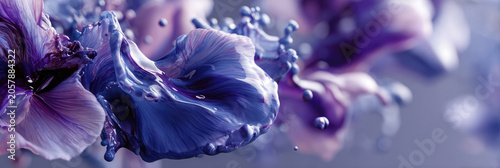 Butterfly pea flowers transforming from purple to blue with a dynamic liquid splash, representing natural drink coloring, pH change indicator, and floral infusion