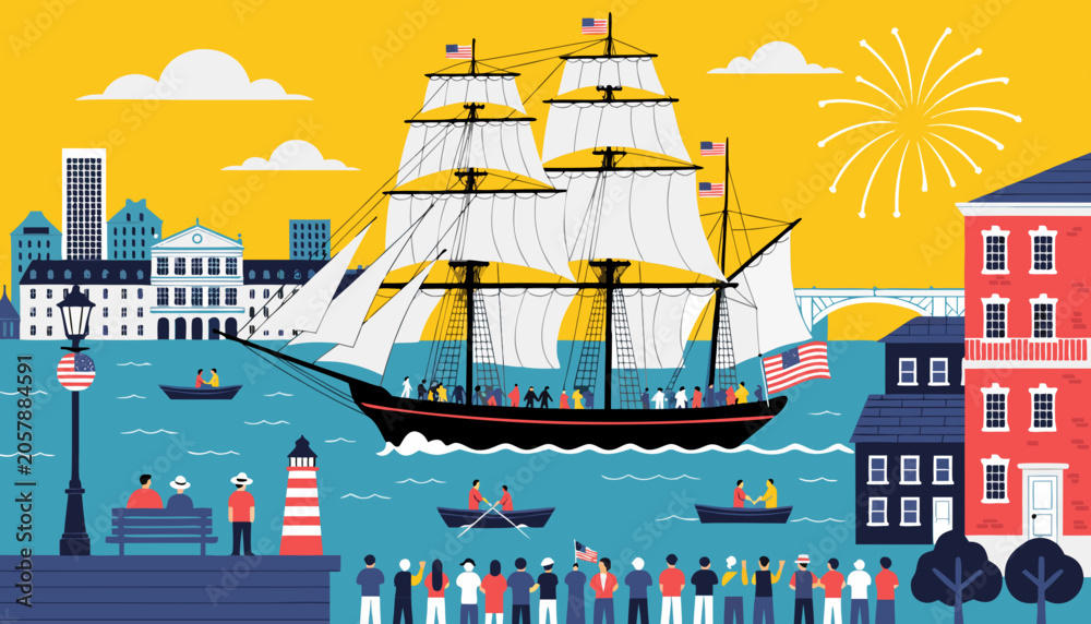 Fototapeta premium Vibrant harbor scene, sailing ships, city skyline, fireworks display, vector illustration