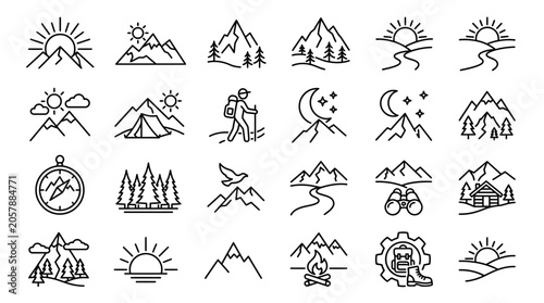 Mountain landscape icons and symbols in a set of line art style illustrations