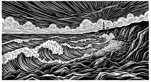 Dramatic Ocean Waves Crashing Against Rocky Shoreline in Woodcut Style.