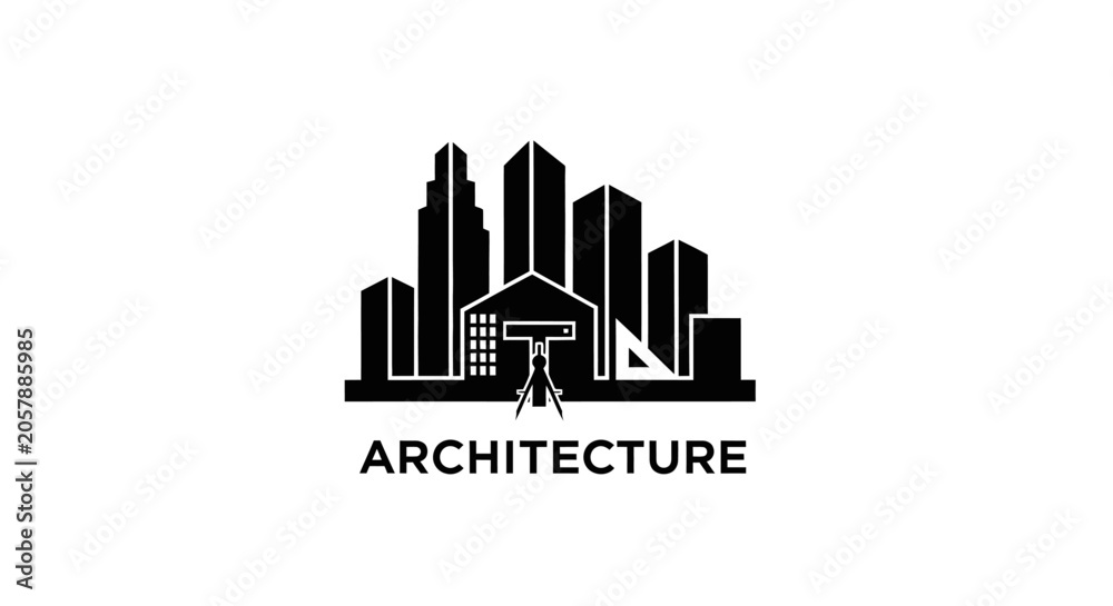Obraz premium Minimalist black architecture logo with city skyline and text.
