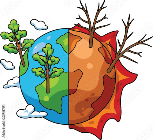 Earth Divided Climate Change Global Warming Illustration