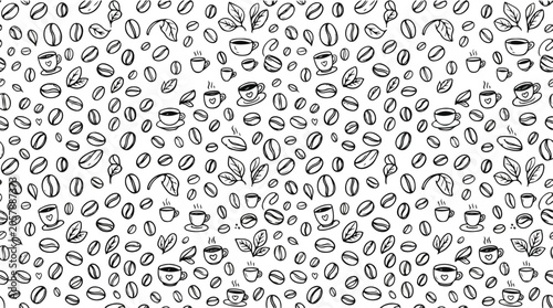 Continuous Doodle Pattern of Coffee Beans and Cups on White