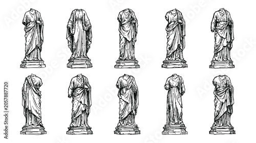 Set of 10 gothic gargoyle statues in different poses on a white background