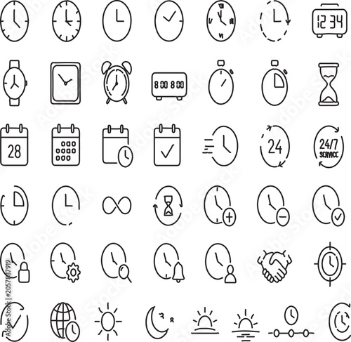 Time icons set representing clock, schedule, deadline, timer, calendar, productivity, time management and planning concepts. Editable Stroke