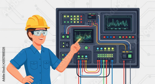 Engineer points to complex control panel with graphs and indicators.