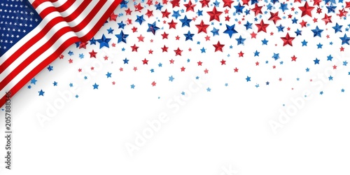 Waving american flag corner border with falling red and blue stars on white background, for patriotic celebration