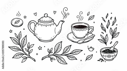 Elegant Hand drawn Tea Pot and Cup with Botanical Leaves Illustration