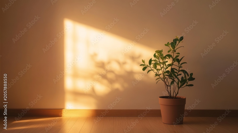 Fototapeta premium Golden Hour Serenity: A potted plant bathed in the warm glow of sunlight, casting a gentle shadow on the wall. A tranquil indoor scene evoking peace and calmness.