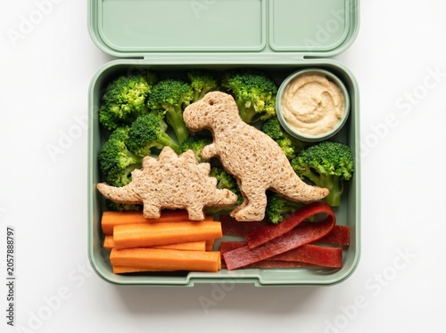 Cute dinosaur cookies in a lunchbox with veggies