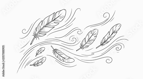 Graceful Line Art Feathers Drifting on Gentle Wind Currents