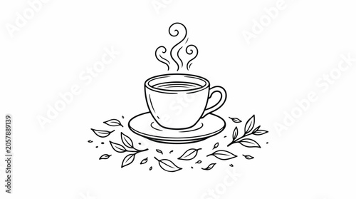 Hand drawn Doodle Style Steaming Tea Cup with Leaves